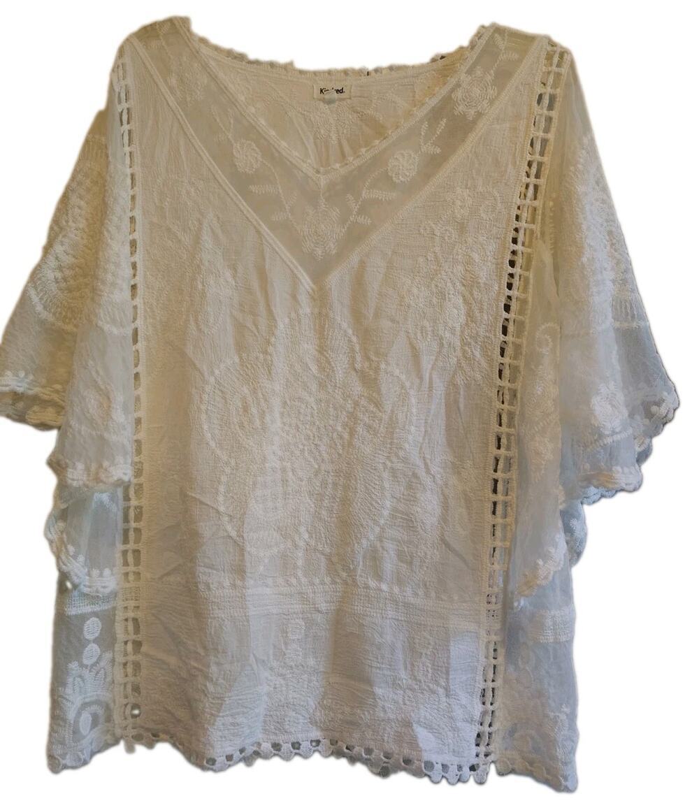 Kindred by Anthropologie White Embroidered Lace Blouse Size S Oversized Boho